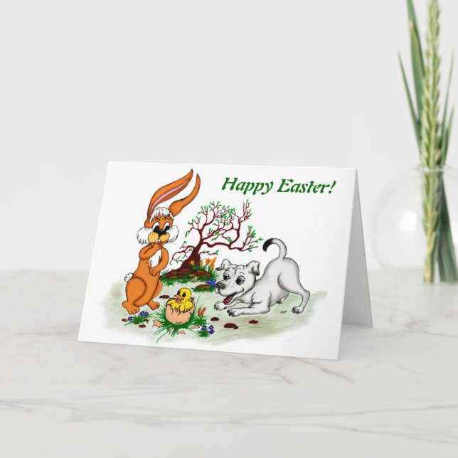 Cartes Pour Fêtes Annuelles Easter contents ! Chiot, poussins, lièvre (Devant)