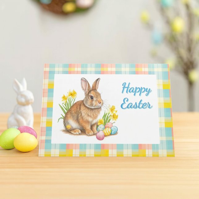 Cartes Pour Fêtes Annuelles  Easter Spring Plaid  (cheerful spring plaid Easter card with bunny rabbit and inside message. )