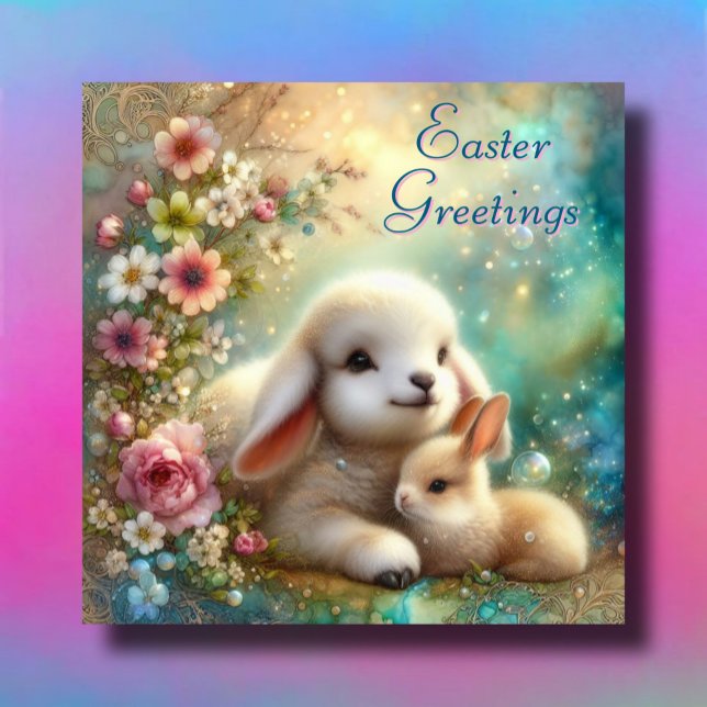 Cartes Pour Fêtes Annuelles Eau Florale Lapin Et Agneau Chrétien Pâques (Créateur téléchargé)