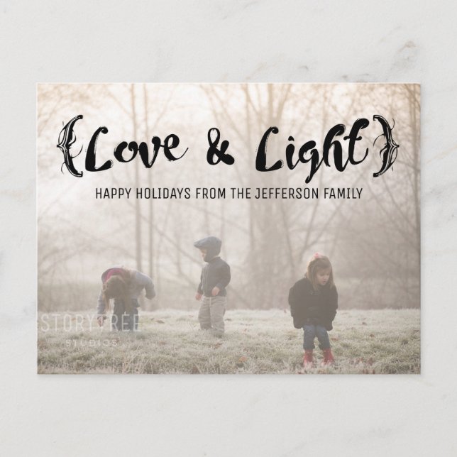 Cartes Pour Fêtes Annuelles Ebony Elegant Sketched Love & Light Holiday Photo (Devant)