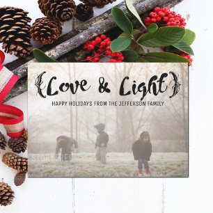 Cartes Pour Fêtes Annuelles Ebony Elegant Sketched Love & Light Holiday Photo
