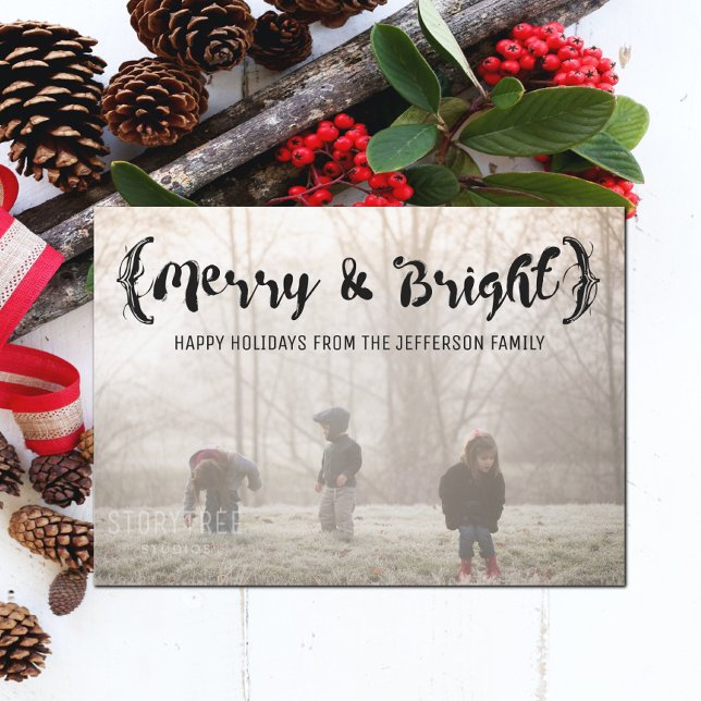Cartes Pour Fêtes Annuelles Ebony Elegant Sketted Merry & Bright Photo (Ebony Elegant Sketched Merry and Bright Holiday Photo Card)