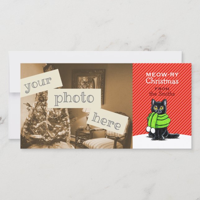 Cartes Pour Fêtes Annuelles Écharpe de chat noir Noël Bande rouge (Devant)