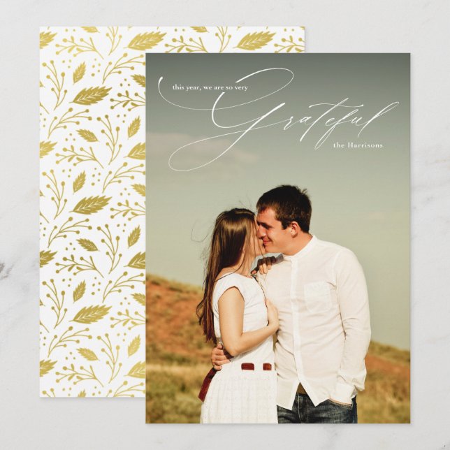 Cartes Pour Fêtes Annuelles Écriture calligraphiée blanche reconnaissante phot (Devant / Derrière)