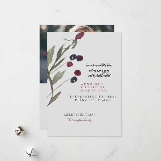 Cartes Pour Fêtes Annuelles Écriture de Noël Berries Photo chrétienne (Devant/Arrière en situation)