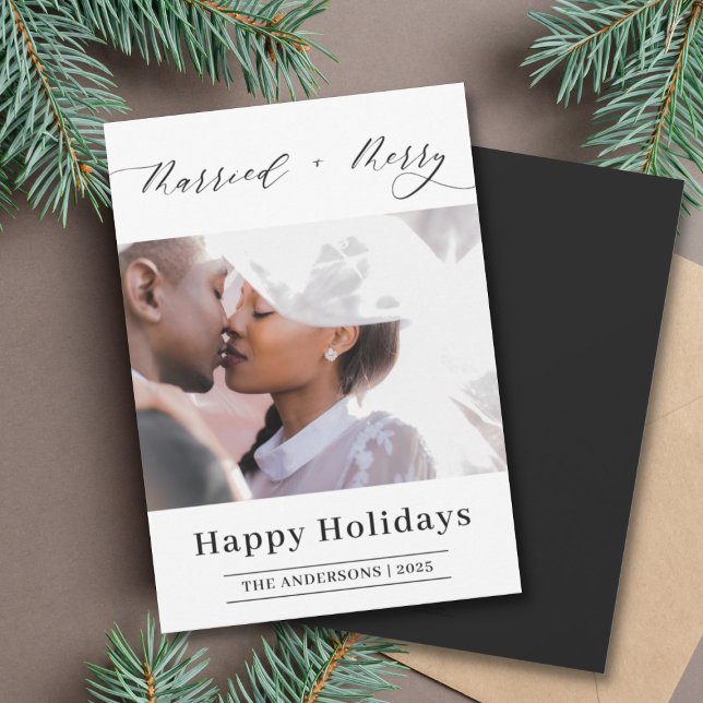 Cartes Pour Fêtes Annuelles Écriture Élégante Photo de Noël Joyeuse Merried (Créateur téléchargé)