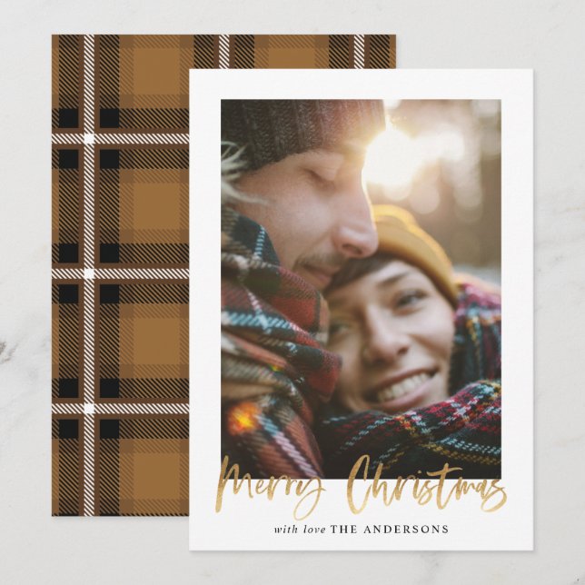 Cartes Pour Fêtes Annuelles Ecriture or joyeux noël moutarde tartan photo (Devant / Derrière)