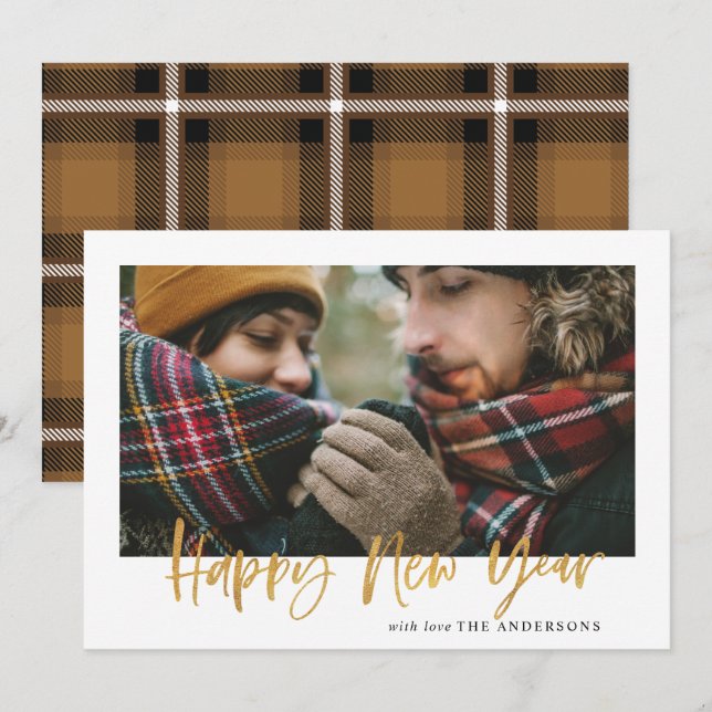Cartes Pour Fêtes Annuelles Ecriture or moutarde tartan moderne design nouvell (Devant / Derrière)