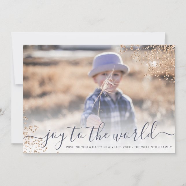 Cartes Pour Fêtes Annuelles Écriture pailletée joie au monde photo nouvel an (Devant)
