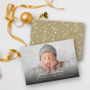 Cartes Pour Fêtes Annuelles Écriture vintage Première photo de Noël du bébé