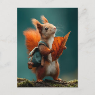 Cartes Pour Fêtes Annuelles Écureuil avec sac à dos et feuille d'automne