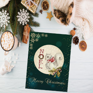 Cartes Pour Fêtes Annuelles Écureuil de Noël vintage, Flocons de neige  