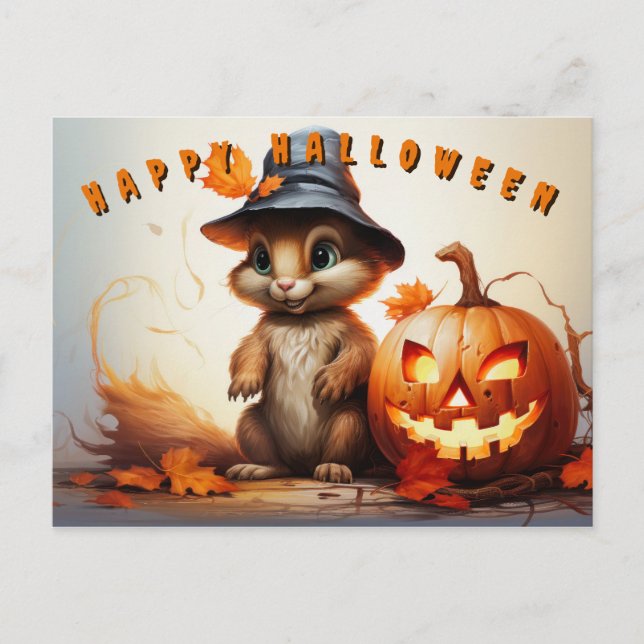 Cartes Pour Fêtes Annuelles Écureuil d'Halloween en Casquette mignon avec Citr (Devant)