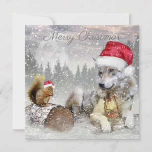 Cartes Pour Fêtes Annuelles Écureuil du loup mignon hiver Forêt de neige Noël