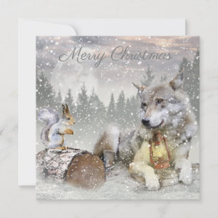 Cartes Pour Fêtes Annuelles Écureuil du loup mignon hiver Forêt de neige Noël