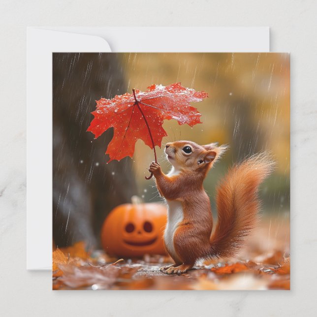 Cartes Pour Fêtes Annuelles Écureuil mignon avec parapluie à feuilles - Pluie  (Devant)