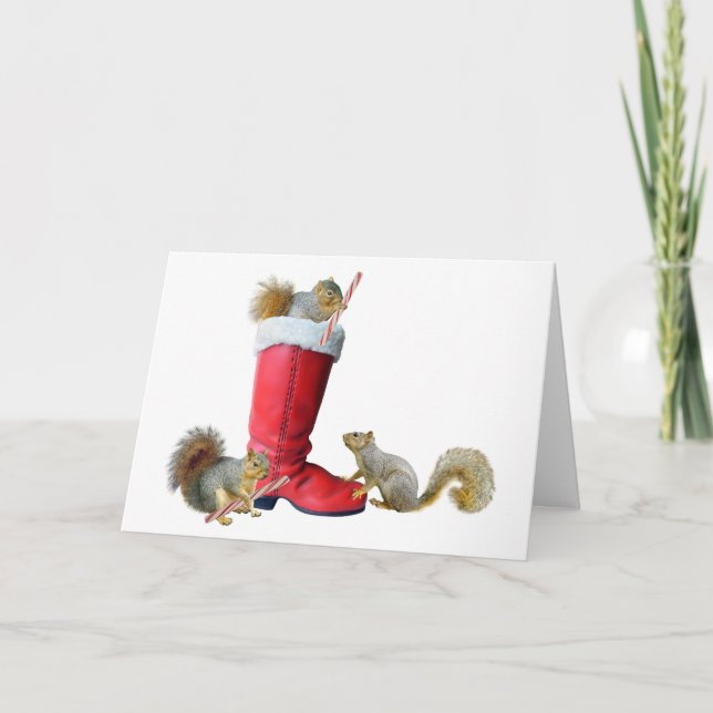 Cartes Pour Fêtes Annuelles Écureuils dans la botte de Père Noël (Devant)