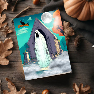 Cartes Pour Fêtes Annuelles Éffrayant fantôme d'horreur debout dans le cimetiè