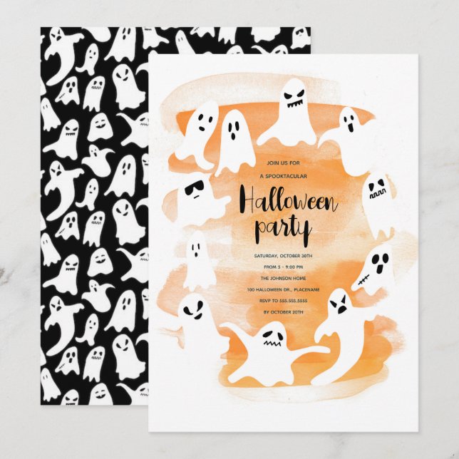 Cartes Pour Fêtes Annuelles Éffrayant fantôme Halloween fête aquarelle (Devant / Derrière)