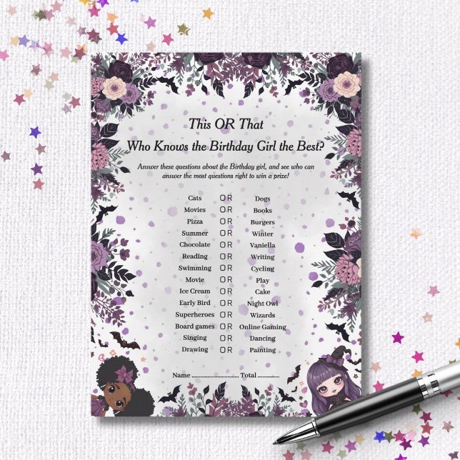 Cartes Pour Fêtes Annuelles Éffrayant gothique Anniversaire fille This or That (Spooky Gothic Birthday girl This or That Game card)