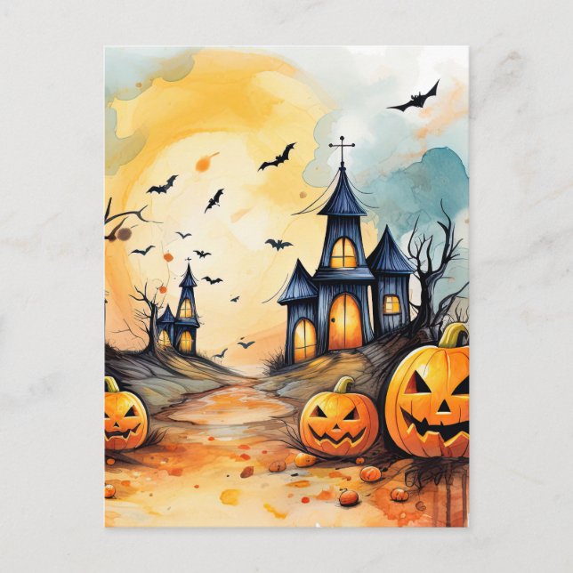 Cartes Pour Fêtes Annuelles Éffrayant Jack O’Lanterns Bats Halloween (Devant)