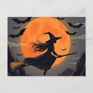 Cartes Pour Fêtes Annuelles Éffrayante Halloween Orange Moon Sorcière