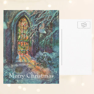 Cartes Pour Fêtes Annuelles Eglise de Noël vintage avec vitre en verre