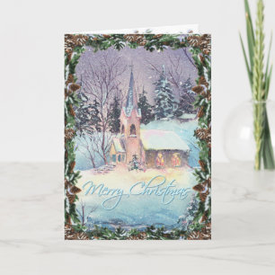 Cartes Pour Fêtes Annuelles ÉGLISE DE PAYS & WREATH par SHARON SHARPE
