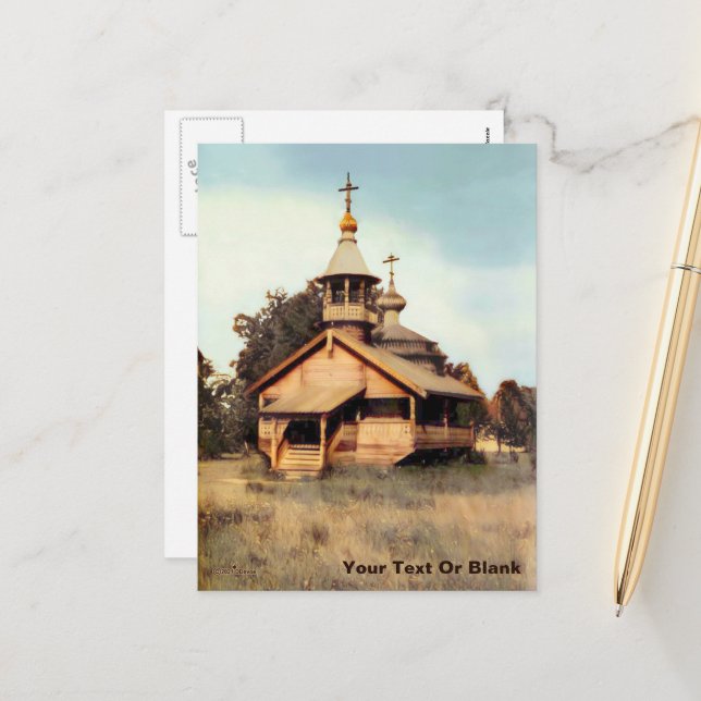 Cartes Pour Fêtes Annuelles Église russe en bois (Devant/Arrière en situation)