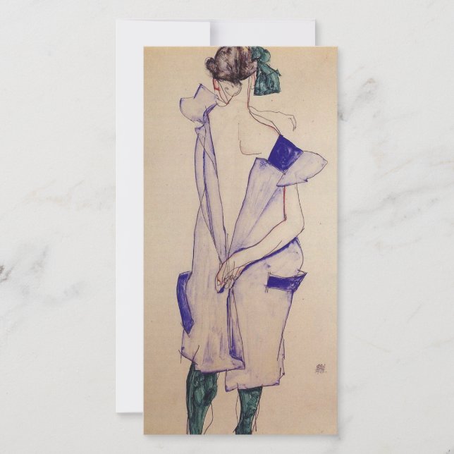 Cartes Pour Fêtes Annuelles Egon Schiele - Fille Permanente En Robe Bleue (Devant)
