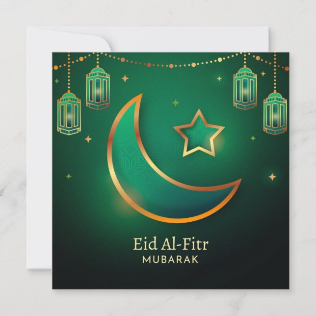 Cartes Pour Fêtes Annuelles Eid Moubarak Crescent Star Islamique Lanterne Vert (Devant)