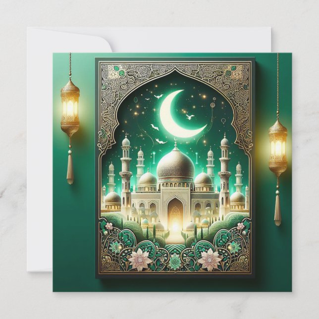 Cartes Pour Fêtes Annuelles Eid Moubarak Croissant Mosquée Floral Cadre Vert (Devant)