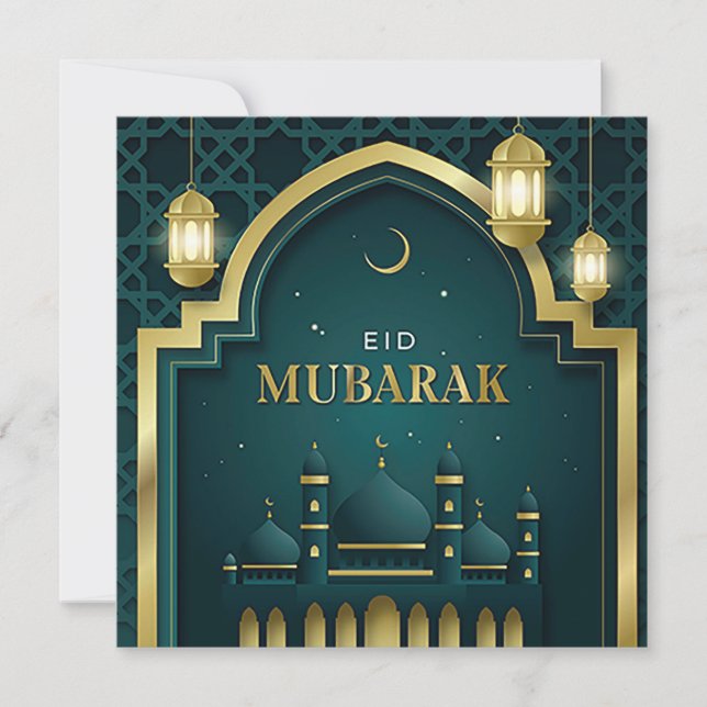 Cartes Pour Fêtes Annuelles Eid Moubarak Gold Crescent Star Mosquée verte (Devant)