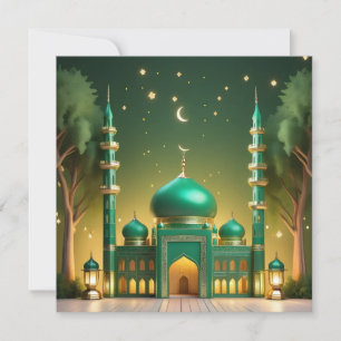 Cartes Pour Fêtes Annuelles Eid Moubarak Mosquée Croissant Étoiles Vert Or