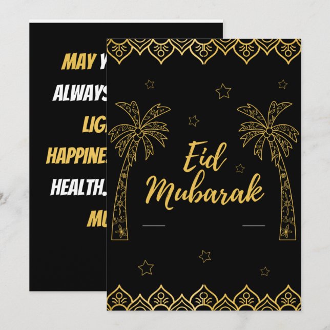 Cartes Pour Fêtes Annuelles Eid Moubarak Noir Et Or (Devant / Derrière)