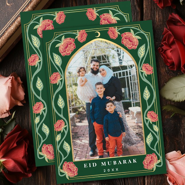 Cartes Pour Fêtes Annuelles Eid Mubarak Elegant Green Floral Photo (Créateur téléchargé)