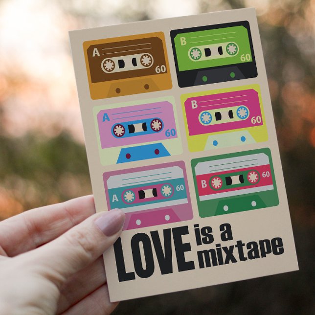 Cartes Pour Fêtes Annuelles Eighties Love is a Mixtape Cassette 80's (Brighten up someone's day with this fun multi colored cassette tapes postcard in a vintage style.)