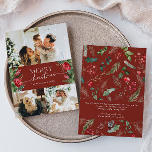 Cartes Pour Fêtes Annuelles Élégant 3 Photo Bourgogne Rouge Joyeux Noël