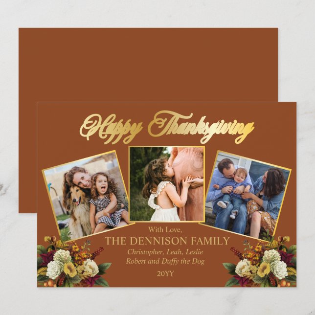 Cartes Pour Fêtes Annuelles Elégant 3 Photo Famille Bon thanksgiving Floral (Devant / Derrière)