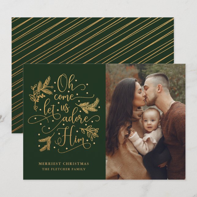Cartes Pour Fêtes Annuelles Élégant Adore-Lui | Noël photo | Gold Green (Devant / Derrière)