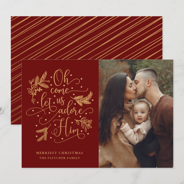 Cartes Pour Fêtes Annuelles Élégant Adore Lui| Noël photo| Gold Red (Devant / Derrière)