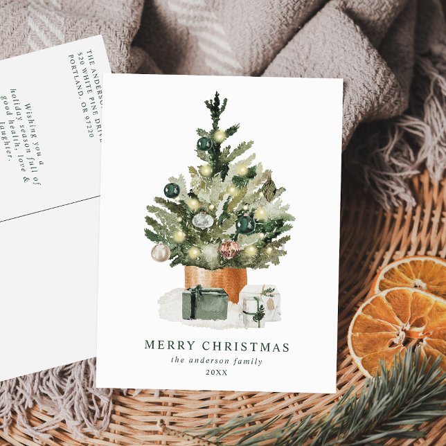 Cartes Pour Fêtes Annuelles Elégant Aquarelle Arbre de Noël non photo (Créateur téléchargé)