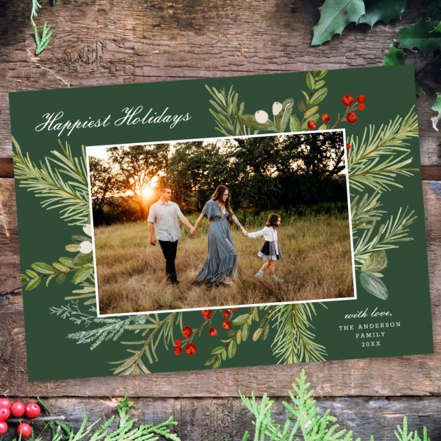 Cartes Pour Fêtes Annuelles Elégant aquarelle Botanique une photo Noël (Créateur téléchargé)