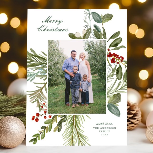 Cartes Pour Fêtes Annuelles Elégant aquarelle Botanique une photo Noël (Créateur téléchargé)