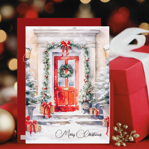 Cartes Pour Fêtes Annuelles Elégant aquarelle personnalisée Porte rouge Noël