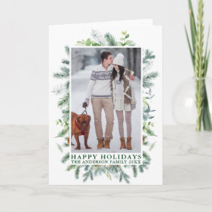 Cartes Pour Fêtes Annuelles Elégant aquarelle Pins Cadre Photo Vert Plié