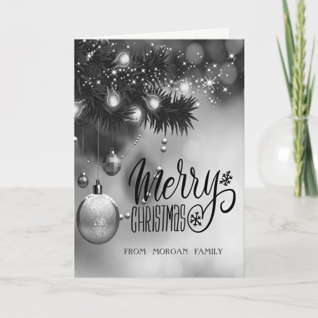 Cartes Pour Fêtes Annuelles Élégant arbre de Noël élégant, balles, étoiles (Devant)
