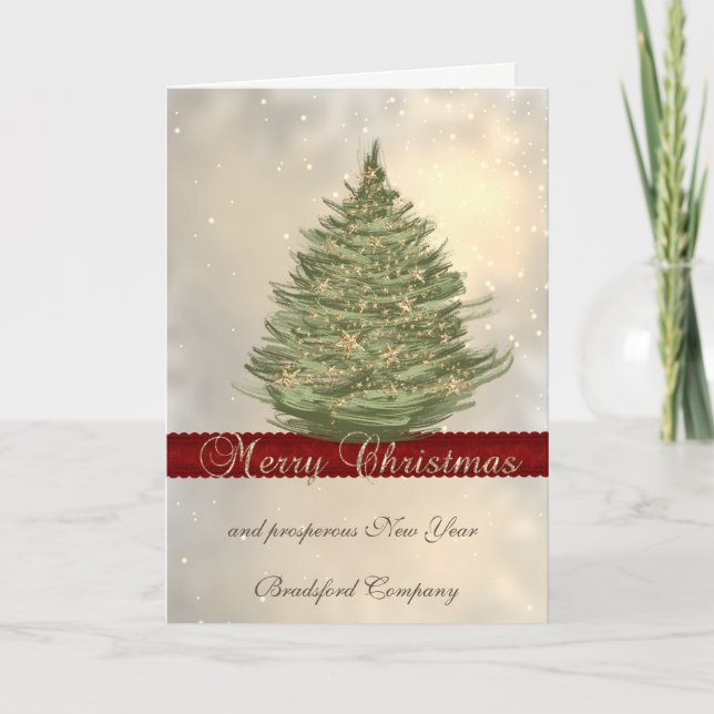 Cartes Pour Fêtes Annuelles Elégant Arbre de Noël Or, Étoiles, Entreprise (Devant)