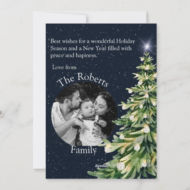 Cartes Pour Fêtes Annuelles Elégant arbre de Noël Photo versicule Marine Bleu (Dos)