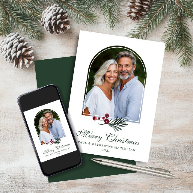 Cartes Pour Fêtes Annuelles Elégant Arc Vert foncé Botanique Photo de vacances (Elegant Arch Dark Green Botanical Holiday Photo Card)